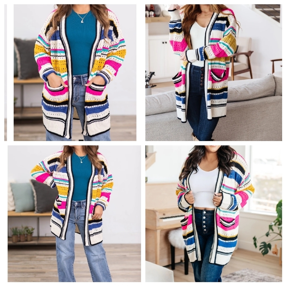 NWT Bibi Knit Multi Striped Pointelle Cardigan. Size 1X. - Picture 16 of 16